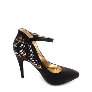 Black & Gold Ankle Strap Stiletto Studded Heel